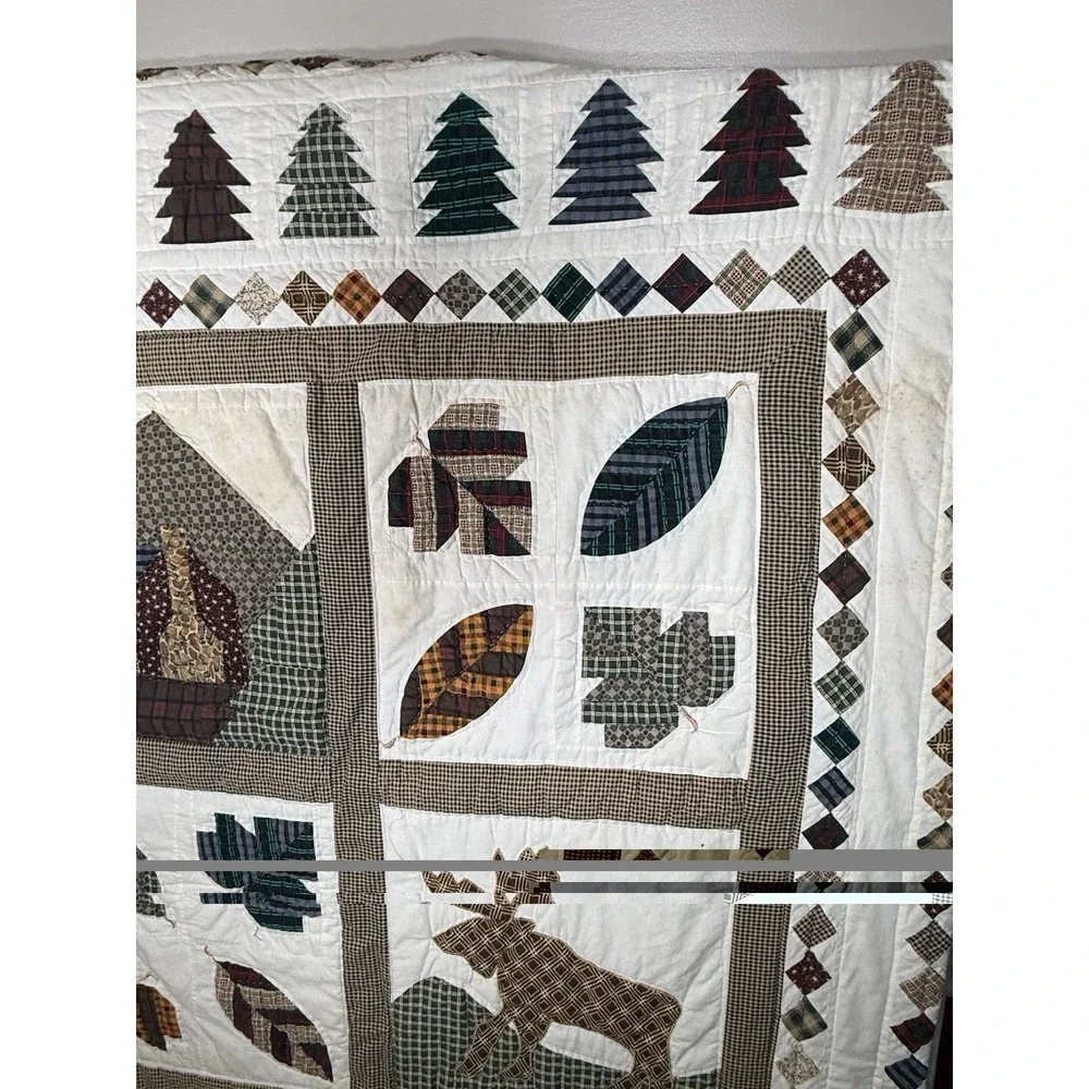 Vintage Patchwork Quilt Rustic Christmas Cabin Moose Lodge-Style Sampler 58x47